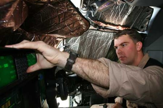 Cpl. Robert C. Lynall conducts an instrument check on a KC-130J Hercules during a preflight inspection at Al Asad, Iraq, March 17. Lynall and other enlisted crewmembers with Marine Aerial Refueler Transport Squadrons 352, Marine Aircraft Group 16 (Reinforced), 3rd Marine Aircraft Wing, are responsible for safely conducting Marine aerial refueling missions throughout Iraq. Lynall is a crew chief and Peoria, Ill., native.