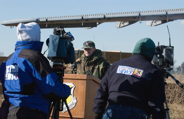 Lt. Col. Mark Ruse, 436th Civil Engineer Squadron commander at Dover Air Force Base, Del., discusses the events leading up to the April 3, 2006 C-5 mishap aircraft removal process during a press conference Jan. 17. Prior to chopping the wings off the aircraft, the contractor prepared the site for demolition and cleaned the interior of the aircraft of any contaminants and waste. (U.S. Air Force photo/Roland Balik) 