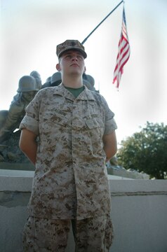 Pvt. Philip Gagnon of Hotel Company's Platoon 2081 stands in front of the Iwo Jima monument Sept 24. Gagnon is the great nephew of Pfc. Rene Gagnon, one of the five Marines and one Navy corpman who raised the Stars and Stripes over Iwo Jima.