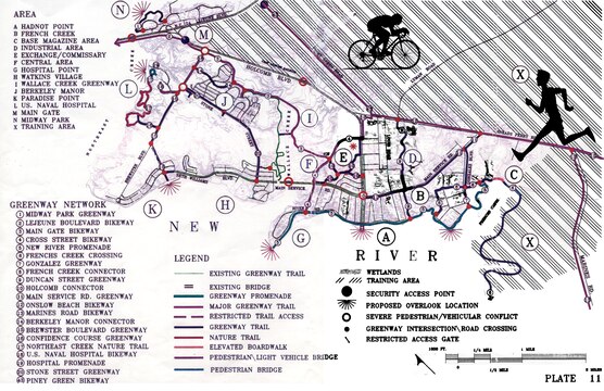 MARINE CORPS BASE CAMP LEJEUNE, N.C. ? The map pictured displays the development by the city of Jacksonville and Camp Lejeune as an initiative to expand existing infrastructure to further connect the city and the base via a series of biking, walking and jogging trails.