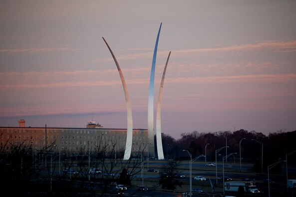 On the grounds of Fort Meyer, Va., and near the city of Arlington and Arlington National Cemetery, the Air Force Memorial towers 270 feet into the morning sky Dec. 5, 2008.  The memorial, officially dedicated on Oct. 14, 2006, with its three stainless steel spires impart a sense of accomplishment in command of the sky, and evoke the image of the precision ?bomb burst? maneuver performed by the Air Force Thunderbirds.  (U.S. Air Force Photo/Tech. Sgt. Scott T. Sturkol)