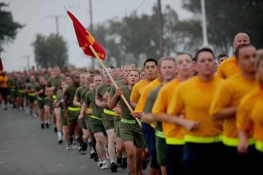 Regardless of the difference in uniform, Marines and sailors with Combat Logistics Regiment 17, 1st Marine Logistics Group, participate in a regimental run aboard Camp Pendleton, Calif., Sept. 2. It was a chance for all personnel within the regiment to do something together as a unit, building unit camaraderie.