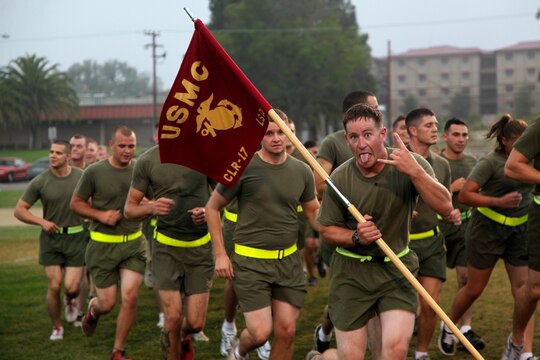 Marines and sailors with Combat Logistics Regiment 17, 1st Marine Logistics Group, participate in a regimental run aboard Camp Pendleton, Calif., Sept. 2. It was a chance for all personnel within the regiment to do something together as a unit, building unit camaraderie.