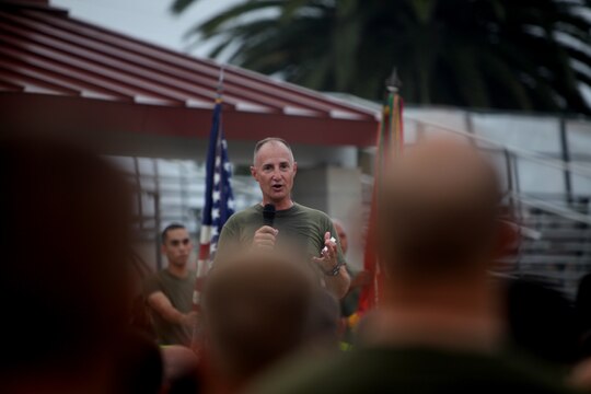 Col. James W. Clark, regimental commander, Combat Logistics Regiment 17, 1st Marine Logistics Group, expresses his appreciation for the accomplishments of the Marines and sailors of CLR-17 after a regimental run aboard Camp Pendleton, Calif., Sept. 2. It was a chance for all personnel within the regiment to do something together as a unit, building unit camaraderie.