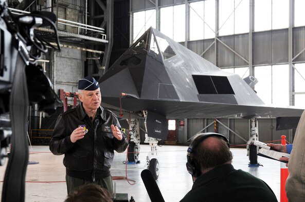 General Bruce Carlson conducts interviews with the local media during the F-117 Nighthawk Farewell Ceremony at Wright-Patterson Air Force Base, Ohio, March 11. The ceremony concluded with a single ship flyover. General Carlson is the  Air Force Materiel Command commander. (U.S. Air Force photo/Staff Sgt Joshua Strang)