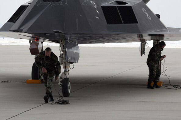 Airmen from the 49th Fighter Wing, Holloman Air Force Base, N. M., recieve an F-117 Nighthawk after its flyover during the F-117 Nighthawk Farewell Ceremony at Wright-Patterson Air Force Base, Ohio, on March 11. (U.S. Air Force photo/Staff Sgt. Joshua Strang) 