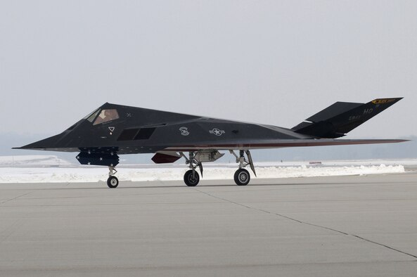 An F-117 Nighthawk taxis into position during the F-117 Nighthawk Farewell Ceremony at Wright-Patterson Air Force Base, Ohio, on March 11. The ceremony consisted of mulitple guest speakers, a piece by the Air Force Band of Flight and concluded with a single ship flyover. (U.S. Air Force photo/Staff Sgt. Joshua Strang) 