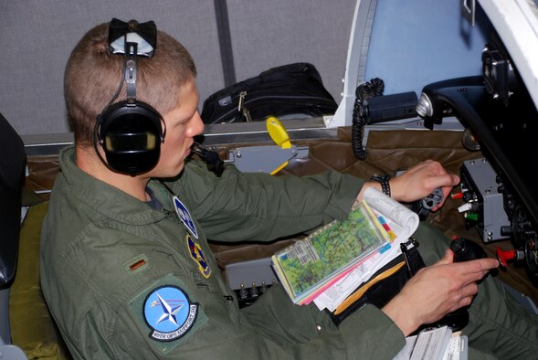 Second Lt. Evan Negron, a T-37 Tweet student pilot in the Euro-NATO Joint Jet Pilot Training Program at Sheppard Air Force Base, Texas, "flies" the last simulation by a student pilot in the Air Force April 23. The T-6A Texan II will replace the Tweet this summer when the more than 50-year-old introductory trainer retires.  (U.S. Air Force photo/John Ingle)