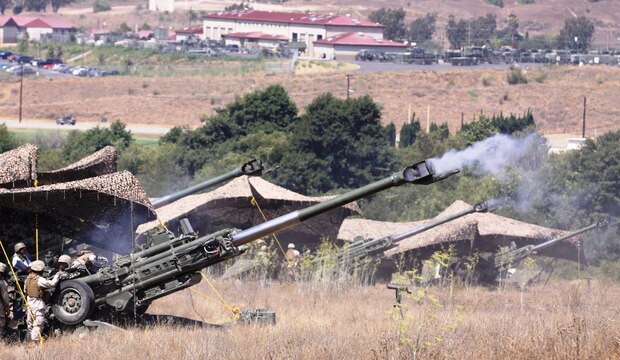 Four of the nearly two dozen M777 Lightweight Towed Howitzers attached to the 11th Marine Regiment, cool down after conducting predeployment training operations on Camp Pendleton, Aug. 17.