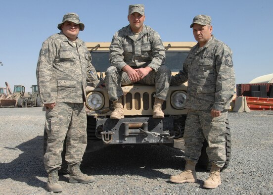 SOUTHWEST ASIA -- Staff Sgt's Wade Horstman (Cousin), Josh Horstman (Son) and Senior Master Sgt. Lee Horstman (Father), 386th Expeditionary Wing Civil Engineer Squadron, pose for a photo at an air base in Southwest Asia, Feb. 4. This is the first time that all three relatives have been deployed to the same location from the 114th Fighter Wing guard unit at Foss Field, S.D.(U.S. Air Force photo/Senior Airman Courtney Richardson)