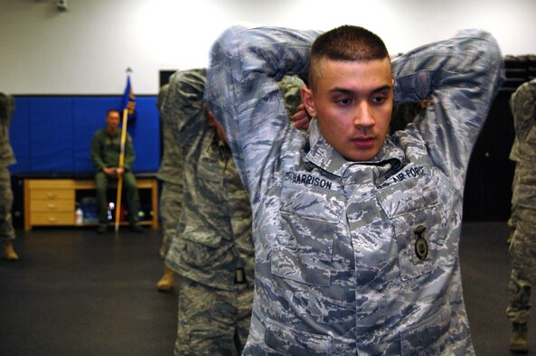 Students in the Air Force Phoenix Raven Training Course participate in a physical training session on Feb. 19, 2009, in the U.S. Air Force Expeditionary Center on Fort Dix, N.J.  The Raven course, taught by the USAF EC's 421st Combat Training Squadron, teaches security forces Airmen specialized training in aircraft security, combatives and verbal judo to name a few.  (U.S. Air Force Photo/Tech. Sgt. Scott T. Sturkol)