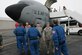 The crew of NASA's Space Shuttle Endeavour STS-126 mission greet KC-135 Stratotanker maintainers of the 376th Expeditionary Aircraft Maintenance Squadron during a tour of Manas Air Base, Kyrgyzstan, Jan. 28. The visit marked the first time NASA astronauts have toured the deployed area of operations after a mission and was the first time astronauts have visited Manas AB and the country of Kyrgyzstan. Manas AB serves as the premier air mobility hub supporting operations in Afghanistan. (U.S. Air Force photo/Tech. Sgt. David Jones) 