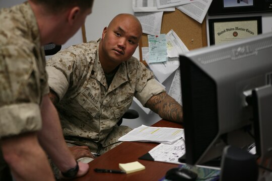 Sgt. Ronnie L. Navales, a career retention speciaist for Headquarters and Headquarters Squadron, assist Marines choose the right career path. Marines can call the Career Retention Office here at 858-577-8682 if they have any questions regarding their future in the Corps.