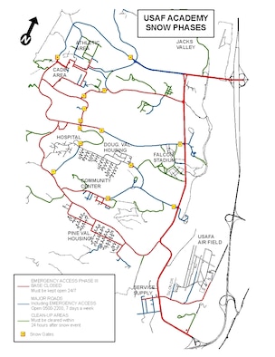 Map Us Air Force Academy A map of snow routes at the Air Force Academy. Emergency access routes, marked