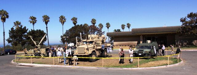 The Department of Defense’s first Mobile Modular Command and Control vehicle (M2C2), Tactical Entry Point satellite (TEP) and M2C2 Interoperability Prototype (MIP) are displayed in front of Camp Pendleton’s South Mesa Club after testing officials announced its combat readiness, Sept. 24.