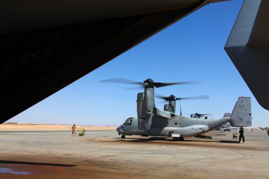 An MV-22 Osprey with Marine Medium Tiltrotor Squadron 261, 3rd Marine Aircraft Wing (Forward), here, spins up in preparation for a day full of missions, April 24.
