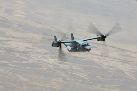 An MV-22 Osprey with Marine Medium Tiltrotor Squadron 261, 3rd Marine Aircraft Wing (Forward), here, lifts off on its way to a full day of missions, April 24. The Osprey continues to prove a valuable asset for "shrinking the battle space" in 3rd MAW (FWD)'s operations area, flying faster and farther than any assault support aircraft in the region.