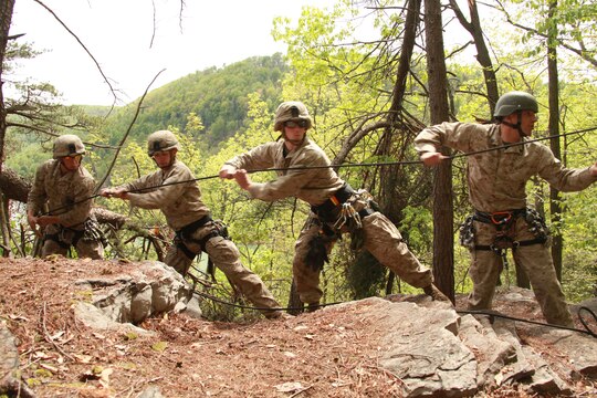 26th Marine Expeditionary Unit Marines, using a technique called a mule team, tighten the rope used to create a one-man rope bridge during a class at the Assault Climbers Course at Lower Cliff in Kingwood, W.Va. April 27, 2010.  The Marines crossed between two rock faces using rope tying techniques to get all the Marines, their gear and ropes  to the other side. The Assault Climbers Course is one of several Special Operations Training Group, II Marine Expeditionary Force events as part of 26th MEU's preparation for deployment this fall. (Official USMC photo by Staff Sgt. Danielle M. Bacon) ::r::::n::
