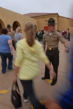 Sgt. Justin Hansen, drill instructor, Support Battalion, Recruit Training Regiment, is one of the first drill instructors to give the educators from Recruiting Stations Los Angeles and San Diego their official and famous “Welcome to the Depot” greeting on the yellow footprints aboard MCRD San Diego.