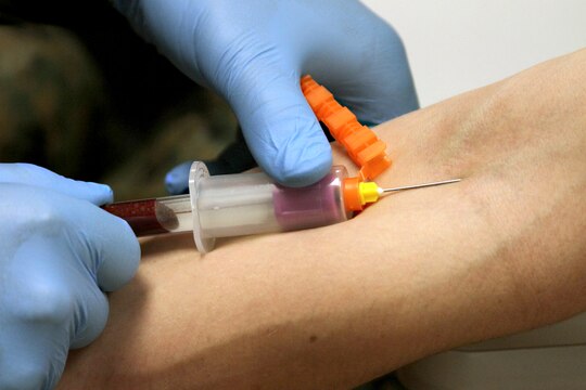 Recruits get blood drawn during the first week after arriving aboard Marine Corps Recruit Depot San Diego as part of their initial medical screenings by the Branch Medical Clinic staff here. Between 300 and 600 recruits are seen on a weekly basis by the clinic staff.