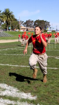 Cpl. Vanessa B. Linares, field radio operator, Bravo Company, 9th Communication Battalion, I Marine Expeditionary Force, sprints during the obstacle portion of Camp Pendleton’s 2010 Leatherneck Field Meet at the 11 Area field, Oct. 27. The Leatherneck Field Meet is a competition for Marines to compete against other units to build camaraderie and esprit de corps.