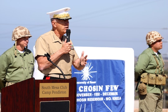 The 34th Commandant of the Marine Corps, Gen. James T. Conway, speaks during a monument dedication ceremony, Sept. 15, in honor of those who gave their lives at the Chosin Reservoir. The Camp Pendleton South Mesa Club now exhibits the 3,000 pound granite monument to remind those present of the military's service and sacrifice during the reservoir's bitter campaign in which the 1st Marine Division fought a prodigious battle.
