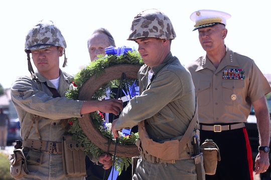 The 34th Commandant of the Marine Corps, Gen. James T. Conway walks alongside Marines, dressed in Korean War era uniforms, who carry a wreath to be placed in honor of the “Chosin Few" during a monument dedication ceremony at the Camp Pendleton South Mesa Club, Sept. 15. The ceremony was held in honor of the 60th anniversary of Operation Chromite; the dangerous and difficult amphibious landing at Inchon, Korea, Sept. 15, 1950.