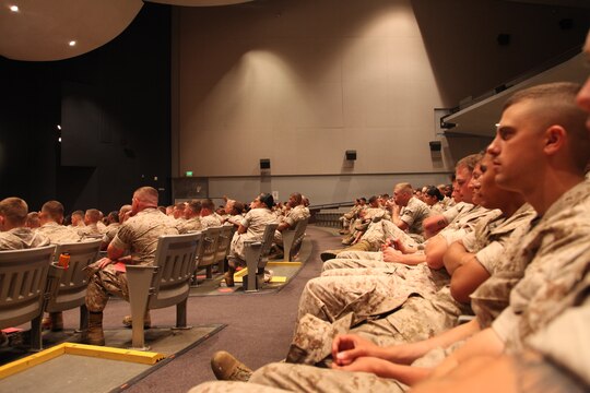 Marines and sailors watch ‘Sex Signals’ at Camp Pendleton, Calif., April 26. Sex Signals is an improv-based play with two actors, a guy and a girl, who aim to teach service members about sexual assault prevention. The crowd participated by providing settings, pick-up lines, asking and answering questions for the show. The play touched on subjects such as sexual assault, consent and rape.