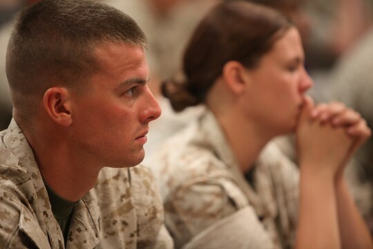 Pfc. Chris Copeland, landing support specialist, Landing Support Company, Combat Logistics Regiment 17, 1st Marine Logistics Group, 27, from Broken Arrow, Okla., participates in Tier 3 “Don’t Ask, Don’t Tell” repeal training at Camp Pendleton, Calif., April 28. After repeal, gay men and women will be allowed to serve openly in the military.