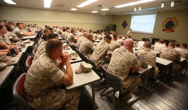 Marines with Landing Support Company, Combat Logistics Regiment 17, 1st Marine Logistics Group, conduct Tier 3 “Don’t Ask, Don’t Tell” repeal training at Camp Pendleton, Calif., April 28. After repeal, gay men and women will be allowed to serve openly in the military.