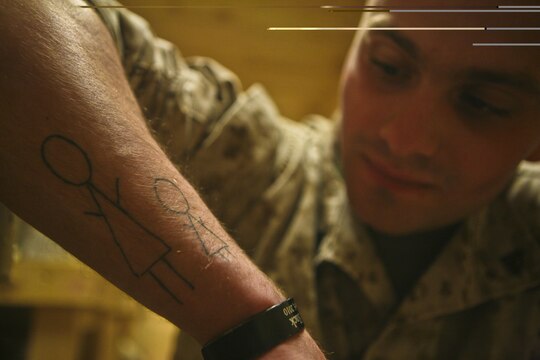 Cpl. Alfred J. Joseph, a tactical data network specialist with Communications Platoon, Headquarters and Service Company, Combat Logistics Battalion 3, 1st Marine Logistics Group (Forward), shows a simple yet meaningful tattoo on his wrist aboard Camp Dwyer, Afghanistan, Feb. 26, 2011. He says the tattoo is a reminder of the responsibility he has to his wife and daughter, which he claims is his foundation and motivation for helping others.