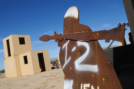 Steel targets simulate Afghan insurgents at the Al Brutus training complex within target area 15 North in the Chocolate Mountain Aerial Gunnery Range in California, Jan. 24, 2011. Al Brutus insurgent village, created in August 2009 and named after the call sign of Maj. Cesar Freitas who died in a 2007 Search and Rescue helicopter crash, is now the largest Afghan::r::::n::training complex on the Yuma ranges. “The requirement for Al Brutus was generated by various local users ... to train to theater specific combat tactics requiring an Afghan-type village in which key targets could be designated, engaged and neutralized,” said John Gordon, range plans officer.