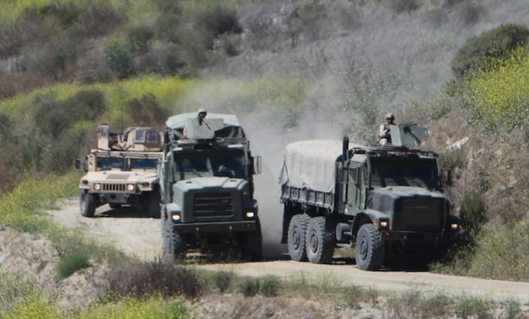 Marines with Motor Transport Company, Combat Logistics Battalion 11, Combat Logistics Regiment 17, 1st Marine Logistics Group, provide security as they receive simulated small-arms fire during a combat skills training exercise at Camp Pendleton, Calif., July 22. The purpose of the training was to give the Marines an opportunity to see first-hand what they might experience during deployment and how to react in various contingency situations.