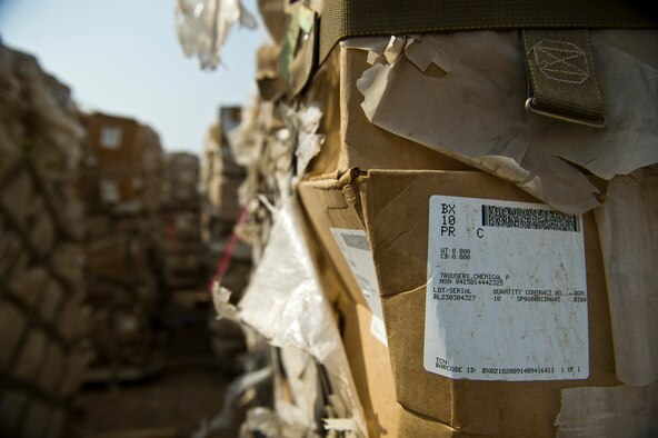 Pallets of chemical defense ensembles are prepared for shipment out of Joint Base Balad, Iraq on Oct. 29, 2011. As the number of troops in Iraq decline the equipment and supplies required to support them are packed and prepared for shipment out of the country. (U.S. Air Force Photo/Master Sgt. Jeffrey Allen)