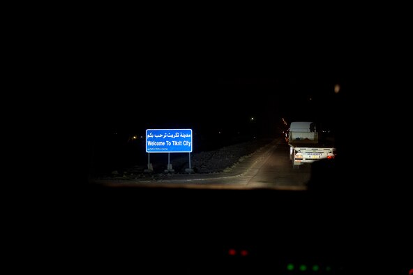 A U.S. Army mine-resistant ambush protected caiman vehicle operated by the Minnesota Army National Guard's B-Troop, 1-94 Cavalry, Pine City MN., providing security for a convoy enters Tikrit, Iraq on Oct. 27, 2011. B-Troop is providing security for a convoy of 43 vehicles tasked with hauling equipment and supplies out of Iraq. (U.S. Air Force Photo/Master Sgt. Jeffrey Allen)
