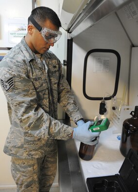 Staff Sgt. Abel Telles, the NCO in charge of the fuels laboratory at the 380th Expeditionary Logistics Readiness Squadron, uses a digital conductivity meter to assess the level of additives in fuel to ensure it meets military standards, Sept. 30, 2011 at an air base in Southwest Asia. The fuels laboratory is part of the petroleum, oil and lubricants flight at the deployed wing. Telles is a native of Santa Maria, Calif. and is deployed from Luke Air Force Base, Ariz. (U.S. Air Force photo/Master Sgt. Chance Babin)