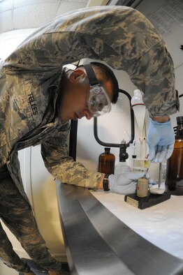 Staff Sgt. Abel Telles, the NCO in charge of the fuels laboratory for the petroleum, oil and lubricants flight in the 380th Expeditionary Logistics Readiness Squadron, draws water to add to a fuel sample during a fuel system icing inhibitor test Sept. 30, 2011, at an air base in Southwest Asia. The test is used to make sure the fuel has all the proper additives required to meet military standards. Telles is a native of Santa Maria, Calif. and is deployed from Luke Air Force Base, Ariz. (U.S. Air Force photo/Master Sgt. Chance Babin)