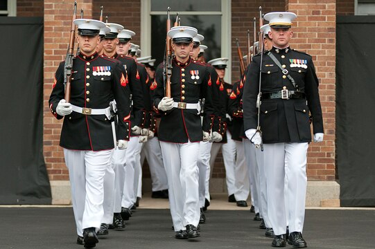 Company B Marines march onto the parade field during a ceremony for the Brigadier General Select Orientation Course Aug. 20.