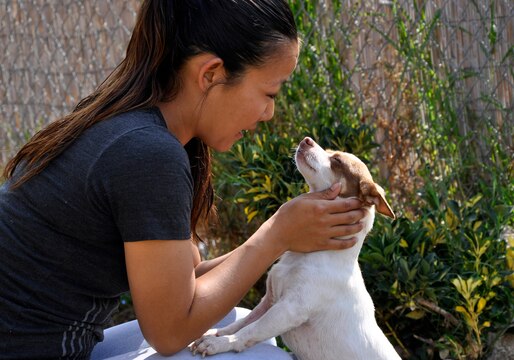 Lance Cpl. Mary S. Tipper, a finance technician with Combat Logicistics Regiment 17, smiles as she is greeted by a small puppy during a Single Marine Program volunteer event, at the Camp Pendleton Animal Shelter, Aug. 21.