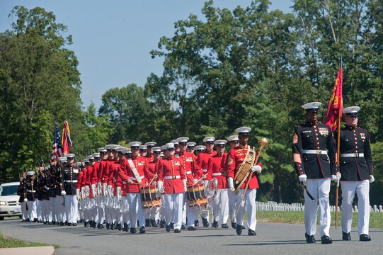 Sgt. Maj. Eric J. Stockton, Marine Barracks Washington sergeant major, leads an escort detail to the funeral site of Henry H. Black, seventh sergeant major of the Marine Corps, at Marine Corps Base Quantico, Va., Aug. 29. Black passed away in his home in Fredericksburg, Va., Aug. 24. He served in Korea and Vietnam and earned a Silver Star, Bronze Star, Purple Heart, and Combat Action Ribbon.