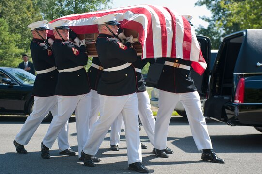 U.S. Marine Corps body bearers carry the casket of Henry H. Black, seventh sergeant major of the Marine Corps, at Marine Corps Base Quantico, Va., Aug. 29. Black passed away in his home in Fredericksburg, Va., Aug. 24. He served in Korea and Vietnam and earned a Silver Star, Bronze Star, Purple Heart, and Combat Action Ribbon.