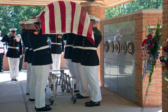 U.S. Marine Corps body bearers lift the casket of Henry H. Black, seventh sergeant major of the Marine Corps, up to eye level before setting it down during his funeral ceremony at Marine Corps Base Quantico, Va., Aug. 29. Black passed away in his home in Fredericksburg, Va., Aug. 24. He served in Korea and Vietnam and earned a Silver Star, Bronze Star, Purple Heart, and Combat Action Ribbon.