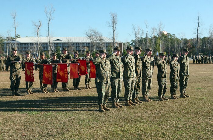 The company commanders for 8th Engineer Support Battalion, 2nd Marine Logistics Group salute the commander of troops during a change of command ceremony at Soifert Field aboard Camp Lejeune, N.C., Dec. 29, 2011. During the ceremony, Lt. Col. Christopher G. Downs, the outgoing commanding officer, relinquished his authority of the unit to Lt. Col. Ferdinand F. Llantero. (U.S. Marine Corps photo by Pfc. Franklin E. Mercado)