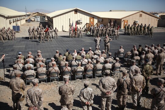 Maj. Gen. John Toolan , the commanding general of Regional Command (SW), speaks to servicemembers during a transfer of authority ceremony at Camp Leatherneck, Afghanistan, Feb. 29. The 2nd Marine Aircraft Wing (Fwd) was relieved after a year-long deployment.