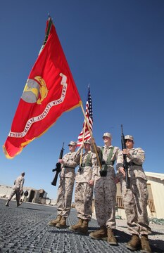 The color guard for 3rd Marine Aircraft Wing (Forward) practices drill movement prior to a transfer of authority ceremony at Camp Leatherneck, Afghanistan, Feb. 29. 2nd Marine Aircraft Wing (Forward) was relieved by 3rd MAW (Fwd) after supporting combat operations in Helmand province for a year.