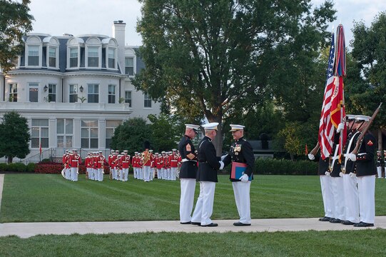 Lt. Gen. Dennis Hejlik, commanding general of Marine Forces Europe and U.S. Marine Corps Forces Command, recieves several awards and letters during his retirement ceremony at Marine Barracks Washington July 23.