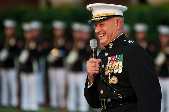 Lt. Gen. Dennis Hejlik, commanding general of Marine Forces Europe and Marine Corps Forces Command, speaks to his guests during his retirement ceremony at Marine Barracks Washington July 23. Hejlik was awarded the Distinguished Service Medal for 44 years of service to Corps and country during the ceremony.