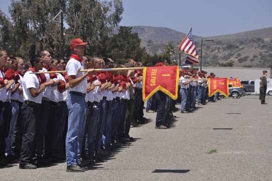 Devil Pups present arms to the reviewing officer during their graduation ceremony on Camp Pendleton's 52 Area Parade Deck, July 28.