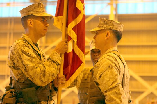 Lt. Col. Michael Gonzalez, oncoming Marine Aviation Logistics Squadron 12 commanding officer, takes the MALS-12 guidon from Lt. Col. Charles A. Redden, outgoing MALS-12 commanding officer, during the MALS-12 change of command ceremony at the Marine All-Weather Fighter Attack Squadron 242 hangar here June 12, 2012, as Sgt. Maj. Gerard J. Calvin, MALS-12 sergeant major, renders a salute. Redden thanked his staff NCOs and fellow officers, saying he would not have the success he has now without them.