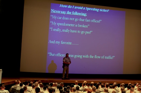 Eric Newbury, a California Highway Patrol officer, speaks at the Marine Corps Base Camp Pendleton 101 Days of Summer safety stand down, May 11. Newbury is providing a list of things not to say to a highway patrol officer who has just pulled you over for speeding.